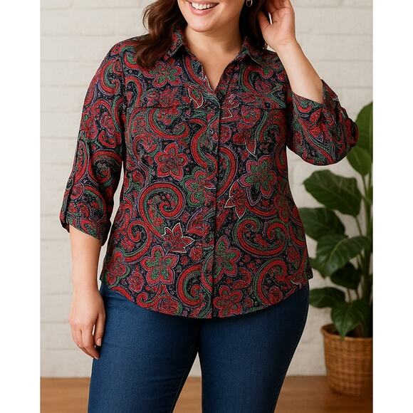 KIM ROGERS Red and Green Paisley Print Button-up Blouse - Size 3X or 24W - Picture 1 of 14